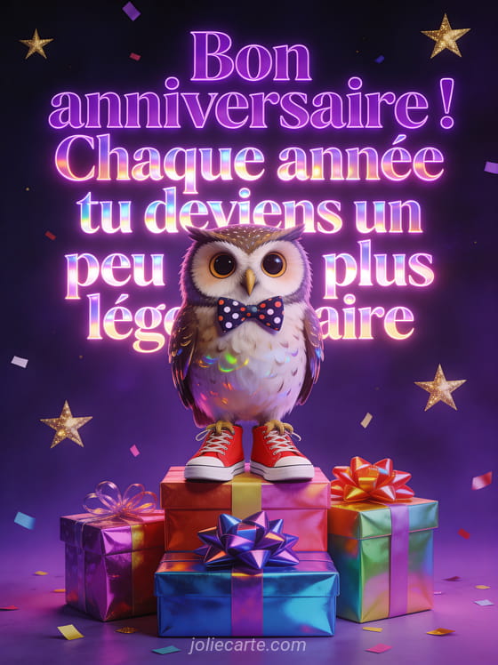 Hibou portant un noeud papillon à pois et des baskets rouges perché sur une pile de cadeaux colorés sur fond violet avec confettis