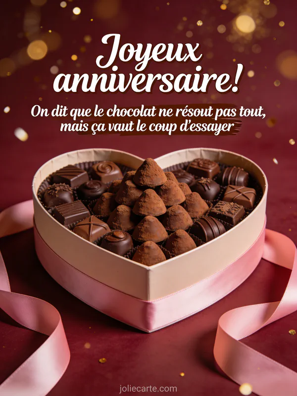 Montagne de chocolats fins dans une boîte en forme de coeur géante avec rubans de satin rose sur fond bordeaux