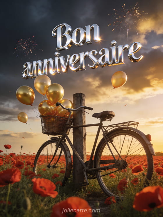 Champ de coquelicots rouges au coucher du soleil avec un vieux vélo rétro et des ballons dorés qui s'envolent et le texte Bon anniversaire