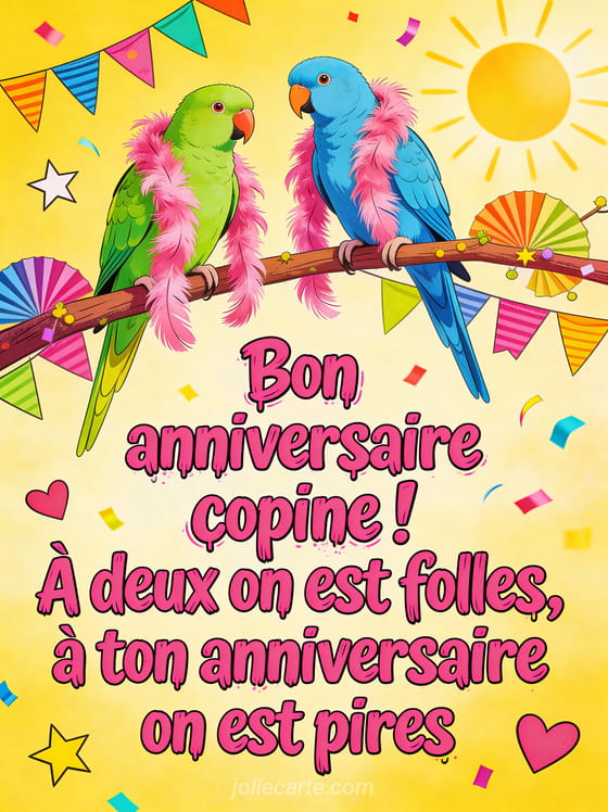 Deux perruches colorées portant des boas en plumes roses sur une branche avec fanions multicolores sur fond jaune