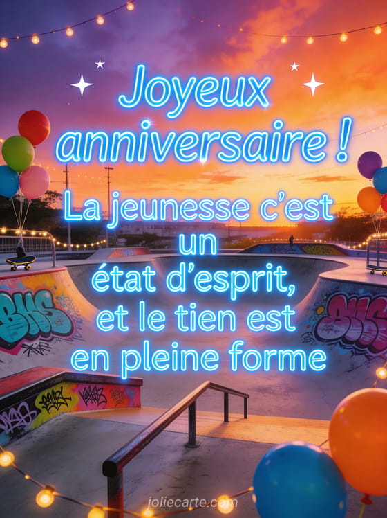 Scène de skatepark au coucher du soleil avec rampes colorées et graffitis artistiques, ballons et guirlandes lumineuses avec le texte Joyeux anniversaire