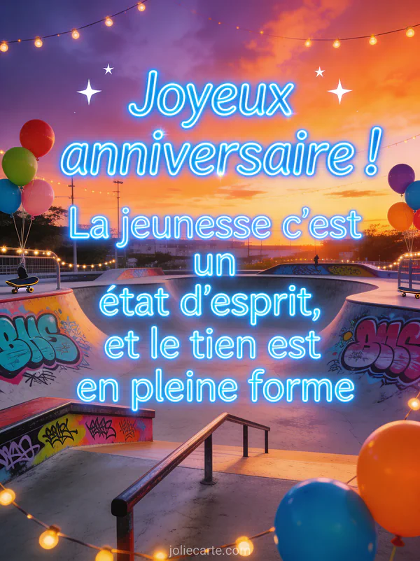 Scène de skatepark au coucher du soleil avec rampes colorées et graffitis artistiques, ballons et guirlandes lumineuses avec le texte Joyeux anniversaire