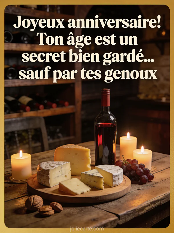 Plateau de fromages fins et bouteille de vin rouge sur une table rustique en bois avec bougies allumées dans une cave à vin