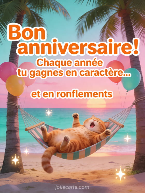 Chat roux endormi sur le dos dans un hamac entre deux palmiers sur une plage avec ballons colorés et coucher de soleil rosé avec le texte Bon anniversaire
