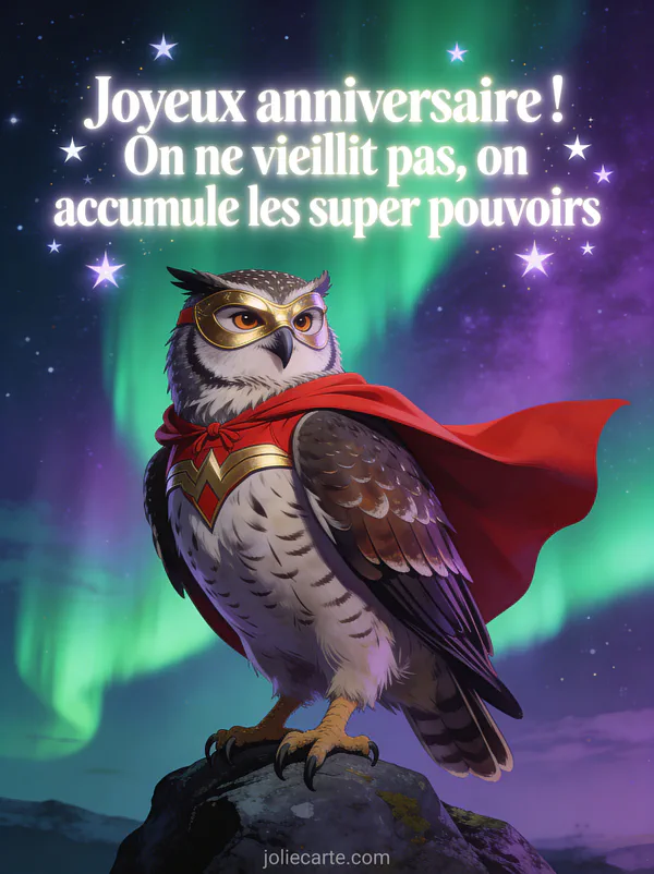 Chouette effraie portant une cape de super-héroïne rouge et un masque doré perchée sur un rocher sous une aurore boréale