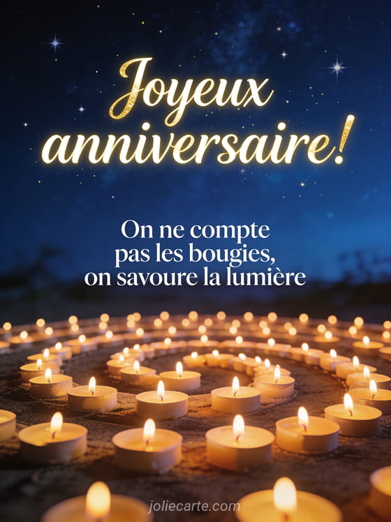 Centaines de petites bougies allumées disposées en spirale sur le sol sous un ciel nocturne étoilé