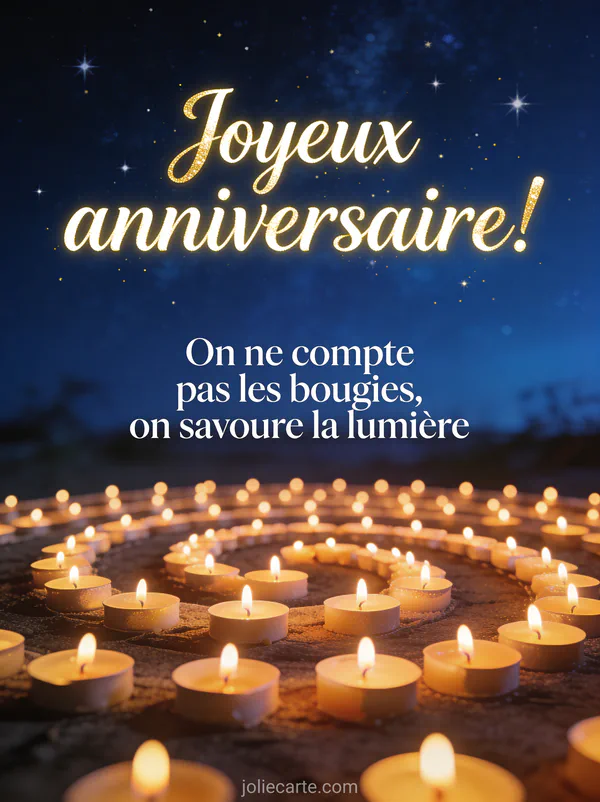 Centaines de petites bougies allumées disposées en spirale sur le sol sous un ciel nocturne étoilé