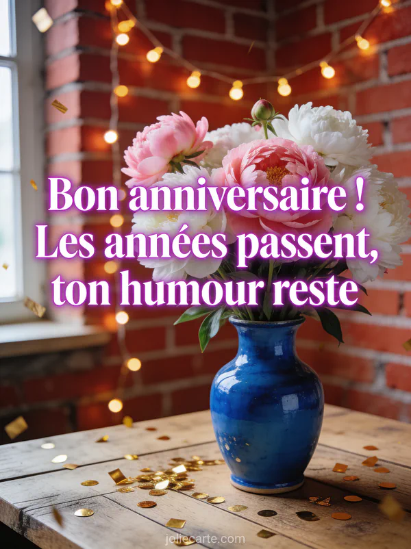 Bouquet de pivoines roses et blanches dans un vase en céramique bleu cobalt sur une table rustique avec guirlandes lumineuses et confettis dorés