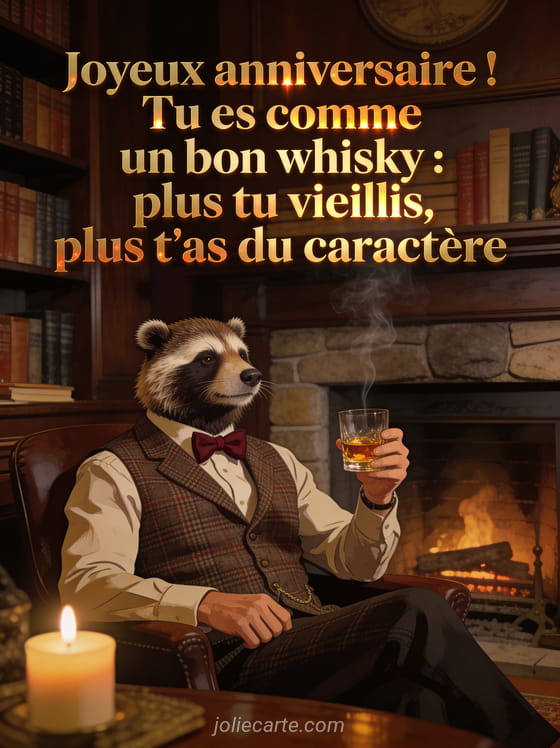 Blaireau distingué en gilet de tweed et noeud papillon assis dans un club anglais devant une cheminée tenant un verre de whisky