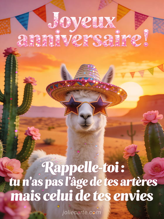 Lama blanc portant des lunettes de soleil en forme d'étoile et un sombrero à paillettes entouré de cactus en fleurs roses