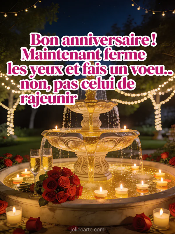 Fontaine de jardin dont l'eau est remplacée par du champagne doré entourée de roses rouges et bougies flottantes de nuit