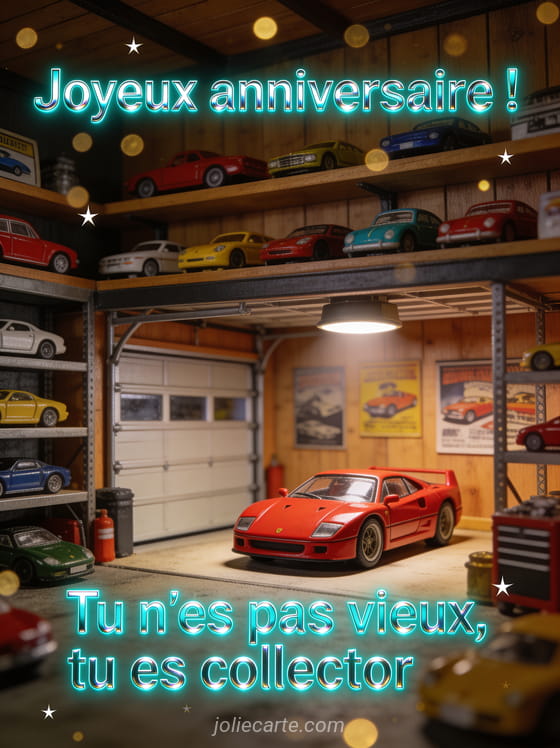 Garage rempli de voitures miniatures colorées sur des étagères avec une voiture de sport rouge sous un spot et étoiles scintillantes