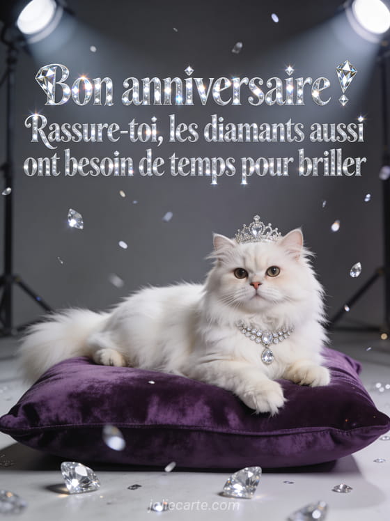 Chat persan blanc portant un collier de diamants et une tiare allongé sur un coussin de velours violet