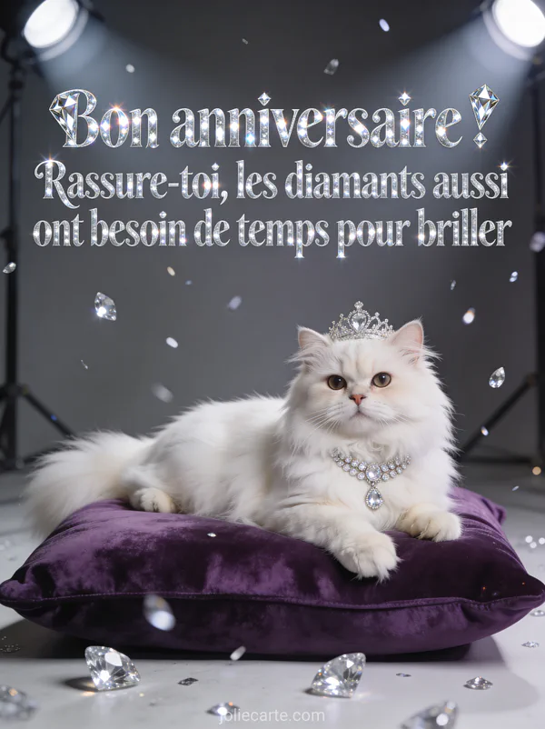 Chat persan blanc portant un collier de diamants et une tiare allongé sur un coussin de velours violet