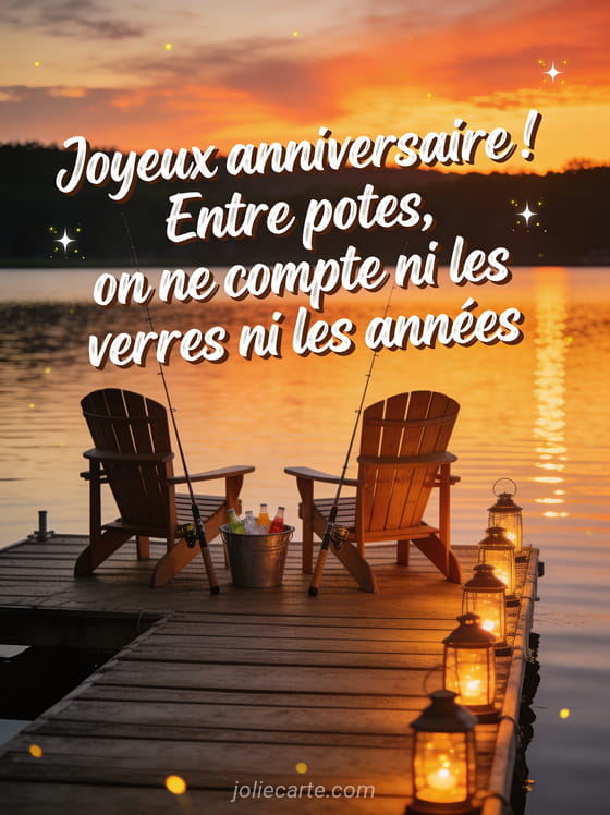 Deux chaises Adirondack sur un ponton au bord d'un lac au coucher du soleil avec cannes à pêche et lanternes allumées avec le texte Joyeux anniversaire
