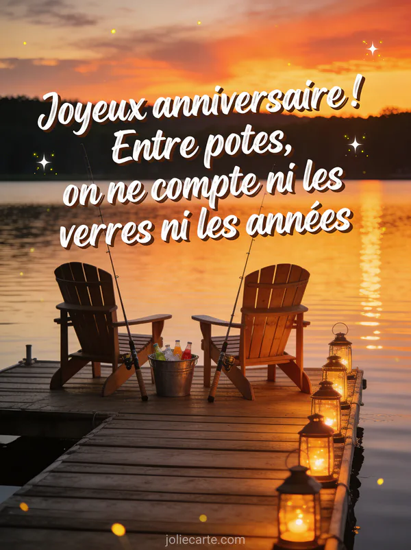 Deux chaises Adirondack sur un ponton au bord d'un lac au coucher du soleil avec cannes à pêche et lanternes allumées avec le texte Joyeux anniversaire