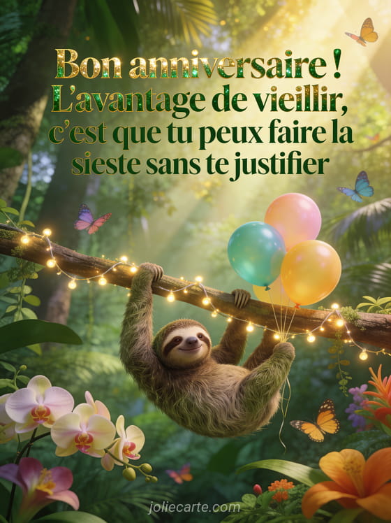 Paresseux accroché à une branche décorée de guirlandes et ballons avec orchidées et papillons dans une forêt tropicale avec le texte Bon anniversaire