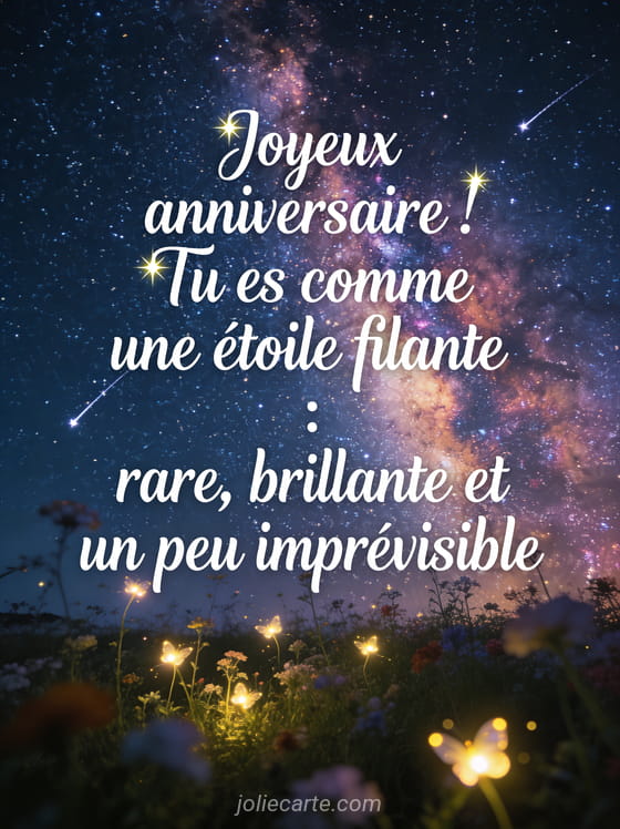 Ciel nocturne spectaculaire avec voie lactée et étoiles filantes au-dessus d'un champ de fleurs sauvages éclairé par des lucioles