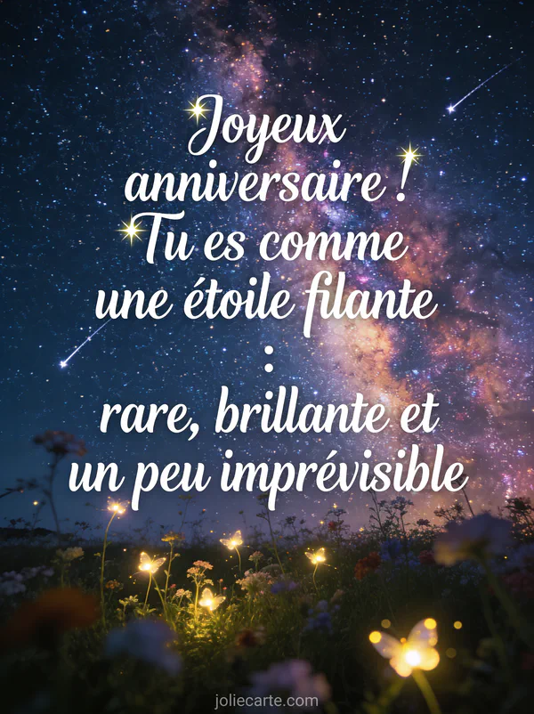 Ciel nocturne spectaculaire avec voie lactée et étoiles filantes au-dessus d'un champ de fleurs sauvages éclairé par des lucioles