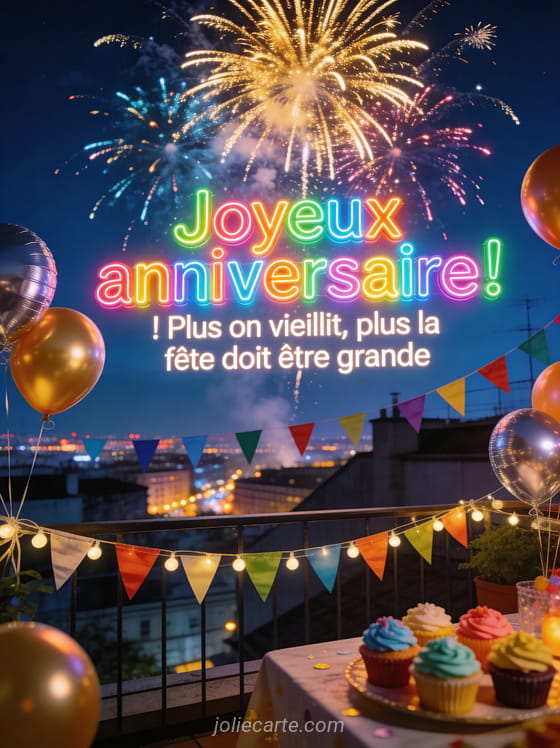 Feux d'artifice spectaculaires dans un ciel nocturne vus depuis un rooftop avec guirlandes, ballons métallisés et cupcakes colorés