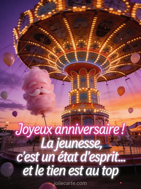 Manège de fête foraine vintage illuminé de centaines de lumières dorées avec barbe à papa rose et ballons sous un ciel crépusculaire