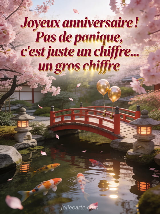 Jardin japonais zen avec cerisiers en fleurs, pont en bois rouge au-dessus d'un étang avec carpes koï et ballons dorés avec le texte Joyeux anniversaire