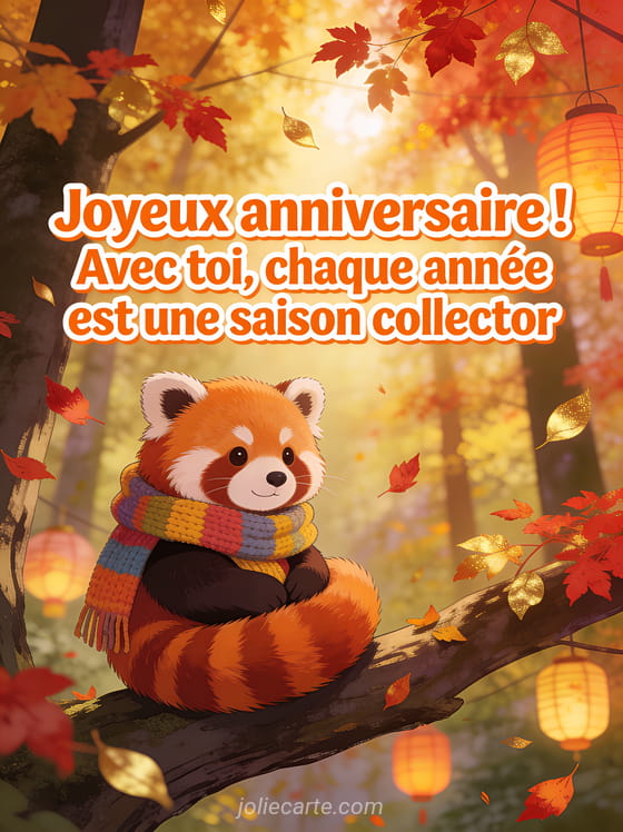 Panda roux enroulé dans une écharpe multicolore sur une branche avec feuilles d'automne rouges et dorées qui tombent