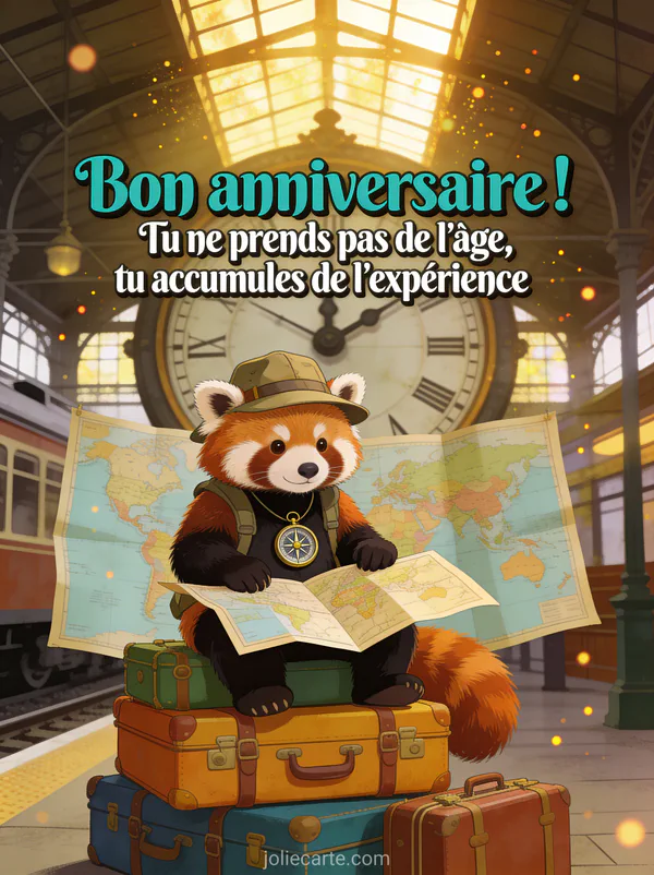 Panda roux assis sur une pile de valises vintage dans une gare ancienne portant un chapeau d'explorateur avec une carte du monde dépliée
