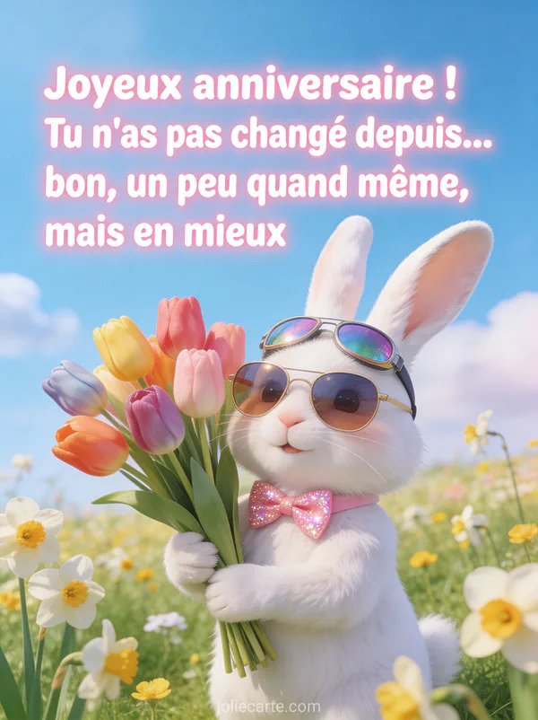 Lapin blanc portant un noeud papillon rose à paillettes et des lunettes aviateur tenant un bouquet de tulipes colorées