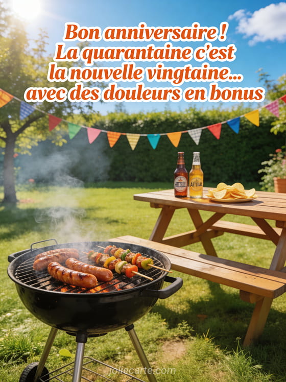 Scène de barbecue dans un jardin ensoleillé avec grill fumant, bières artisanales et guirlandes de fanions multicolores sous un ciel bleu
