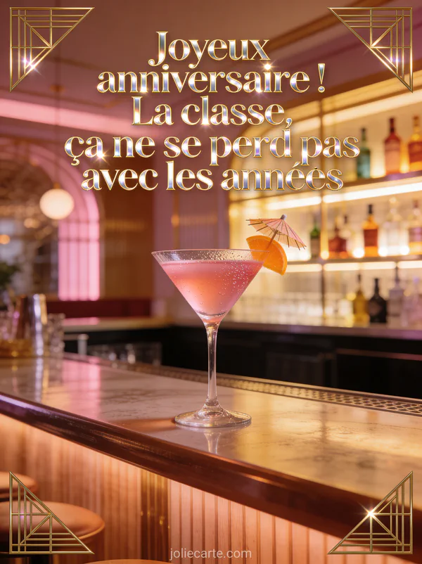 Cocktail Cosmopolitan rose dans un verre à martini sur un comptoir de bar chic avec étagères de bouteilles rétroéclairées