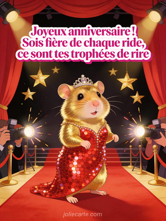 Hamster doré portant une robe de soirée à sequins rouges et un diadème sur un tapis rouge avec flashs de paparazzi