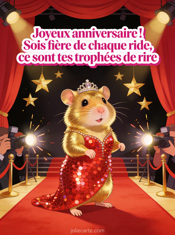 Hamster doré portant une robe de soirée à sequins rouges et un diadème sur un tapis rouge avec flashs de paparazzi