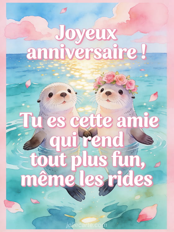 Deux loutres de mer flottant côte à côte en se tenant les pattes sur un océan turquoise sous un ciel bleu avec pétales