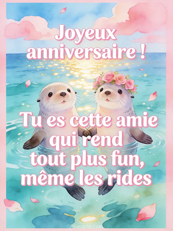 Deux loutres de mer flottant côte à côte en se tenant les pattes sur un océan turquoise sous un ciel bleu avec pétales