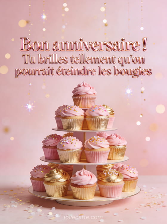 Collection de cupcakes roses et dorés disposés en pyramide sur un présentoir à étages avec paillettes comestibles