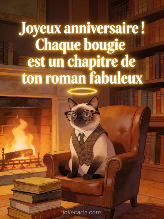 Chat siamois portant des lunettes en écaille et un gilet en tweed dans un fauteuil club devant une cheminée avec des livres