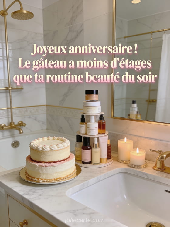 Gâteau d'anniversaire à deux étages à côté d'une tour de flacons de crèmes et sérums dans une salle de bain en marbre blanc
