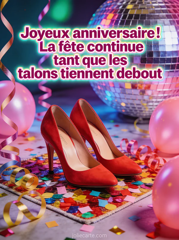 Paire de chaussures à talons hauts rouges sur un tapis de confettis colorés avec boule à facettes et ballons roses