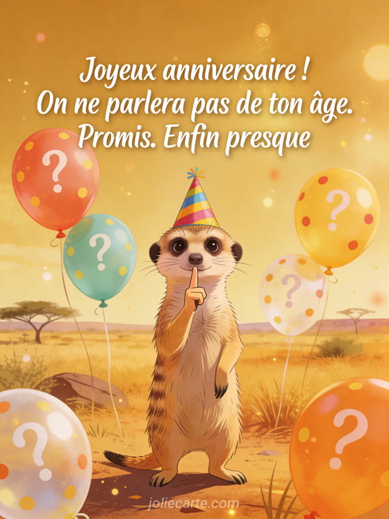 Suricate debout avec un doigt devant la bouche portant un chapeau de fête entouré de ballons avec des points d'interrogation