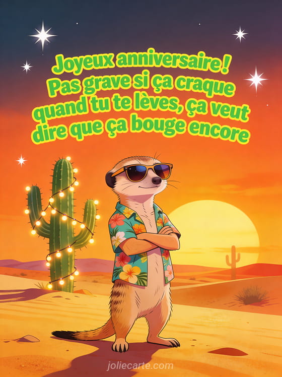 Suricate debout dans le désert avec lunettes de soleil et chemise hawaïenne, bras croisés, cactus décorés de guirlandes et coucher de soleil orange