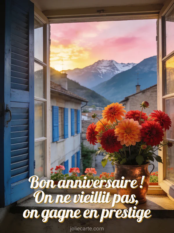 Bouquet de dahlias rouges et oranges dans un pot en cuivre ancien sur le rebord d'une fenêtre avec vue sur un village de montagne au coucher du soleil