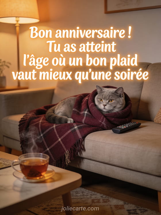 Chat british shorthair gris enroulé dans un plaid écossais bordeaux sur un canapé avec une tisane fumante