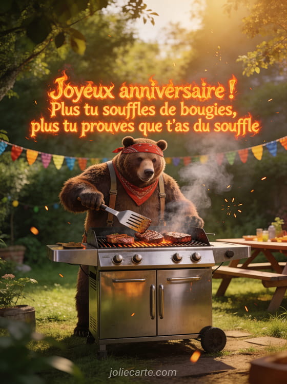 Grizzly imposant portant un bandana rouge et des bretelles devant un barbecue en inox retournant des steaks dans un jardin verdoyant avec guirlandes