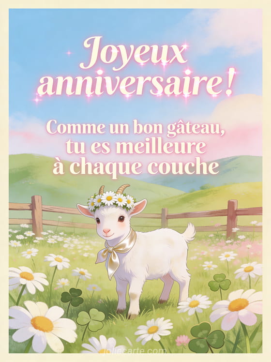 Chèvre naine blanche portant une couronne de marguerites et un foulard en soie dans un pré bucolique avec collines vertes
