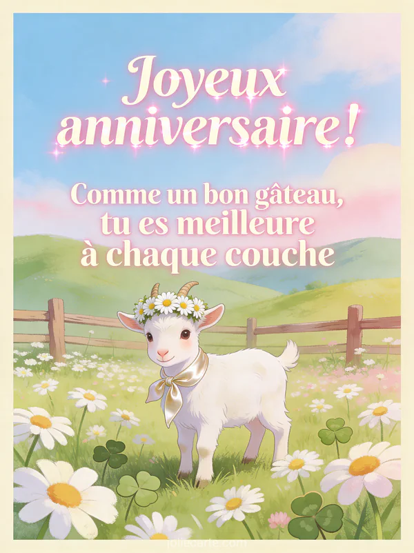 Chèvre naine blanche portant une couronne de marguerites et un foulard en soie dans un pré bucolique avec collines vertes