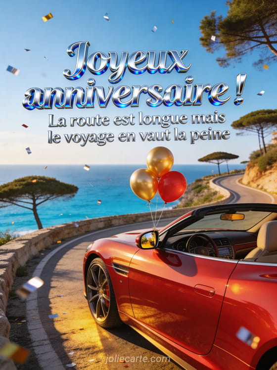 Voiture de sport rouge décapotable devant un paysage de côte méditerranéenne avec route en corniche et ballons dorés et le texte Joyeux anniversaire