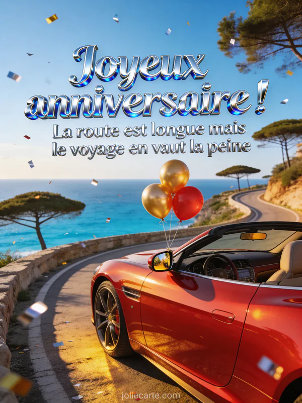 Voiture de sport rouge décapotable devant un paysage de côte méditerranéenne avec route en corniche et ballons dorés et le texte Joyeux anniversaire