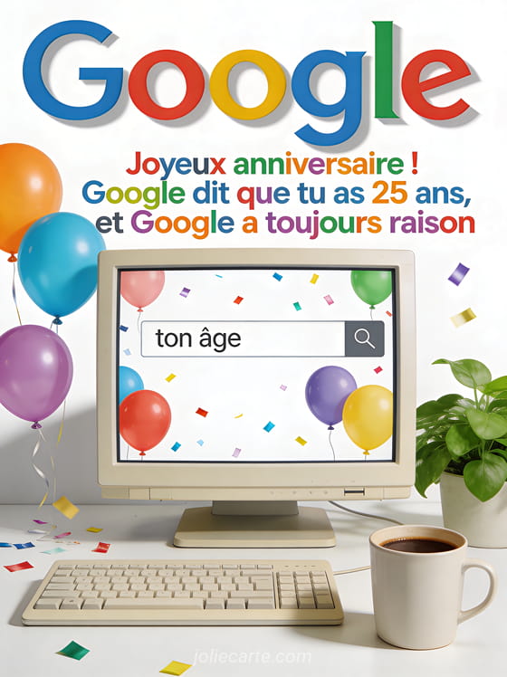 Écran d'ordinateur vintage affichant une barre de recherche entouré de ballons et confettis avec un café à côté