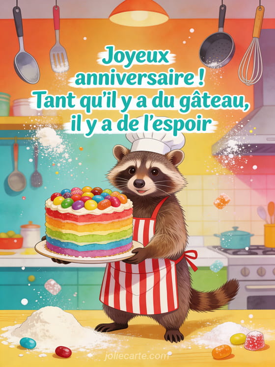 Raton laveur portant une toque de chef présentant un gâteau arc-en-ciel à six couches recouvert de bonbons dans une cuisine colorée